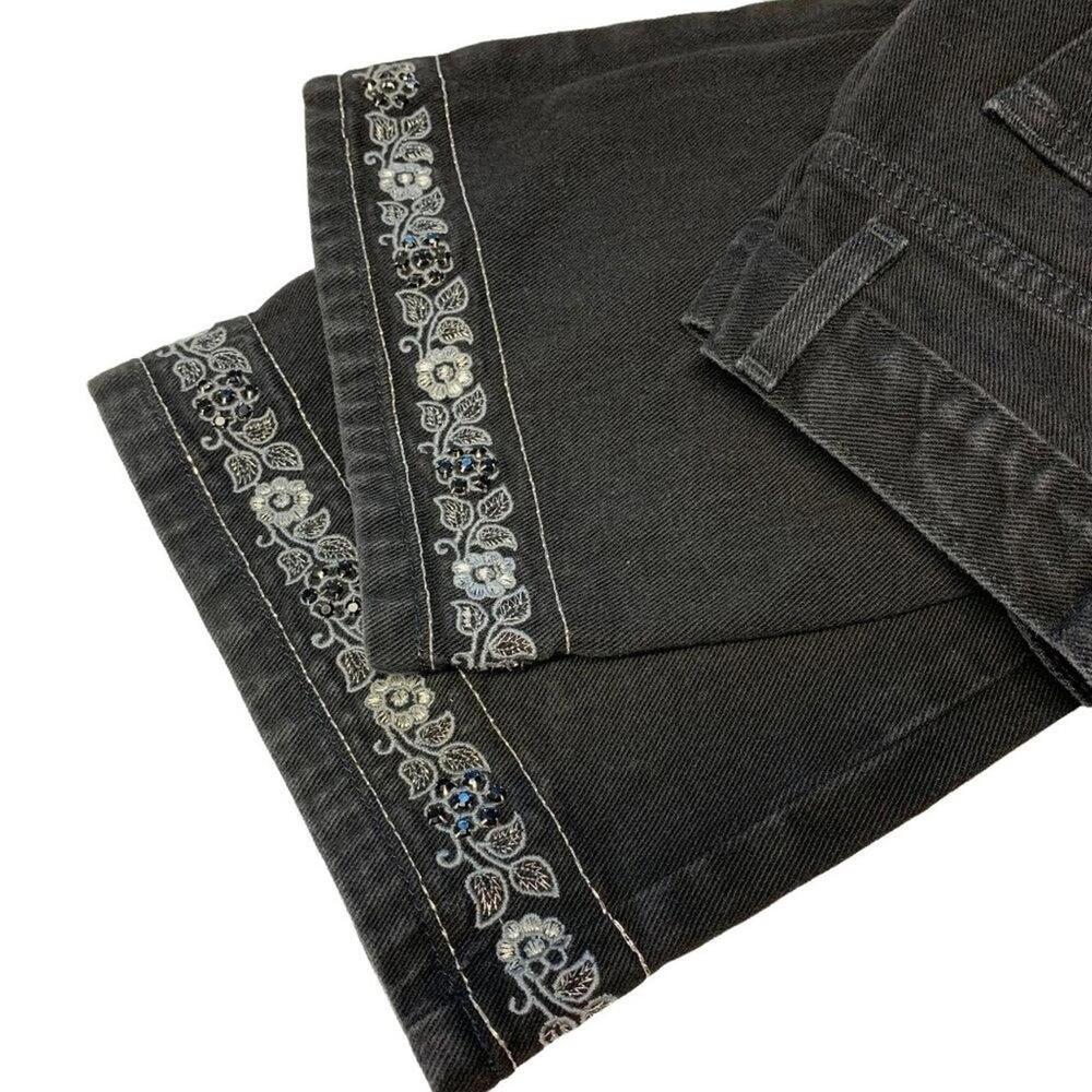 Y2K 99/00s Express Women's‎ Black Floral Embroidered Denim Jeans Sz 9 10